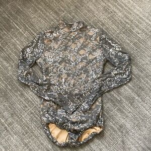 Kelle Laced High Neck Sequined Leotard with See Through Sleeves